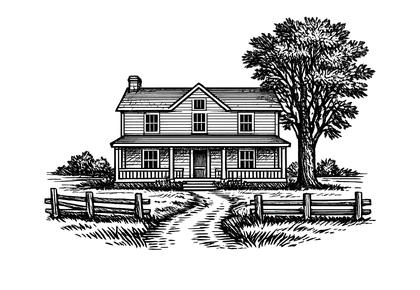 Woodcut of the farmhouse