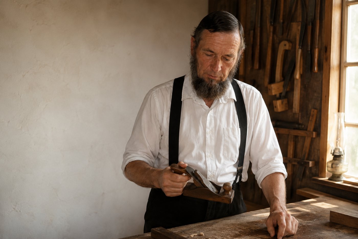 Jonas at the bench with a hand plane